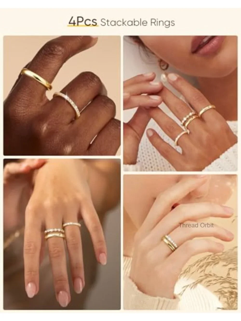 4-Piece Stackable Rings Set - Gold Plated Cubic Zirconia, Minimalist Everyday